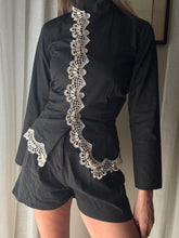Load image into Gallery viewer, Vintage French Lace Upcycled Mandarin Collar Button Up with Removable Pleated Asymmetrical Skirt Panel

