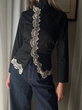 Load image into Gallery viewer, Vintage French Lace Upcycled Mandarin Collar Button Up with Removable Pleated Asymmetrical Skirt Panel
