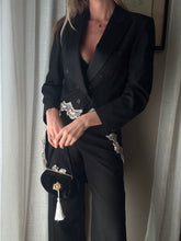 Load image into Gallery viewer, Vintage Upcyled Black Velvet Handbag with French Brooch Sourced from France Black Gold Tassel Fringe

