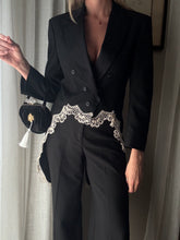 Load image into Gallery viewer, Vintage Upcyled Black Velvet Handbag with French Brooch Sourced from France Black Gold Tassel Fringe

