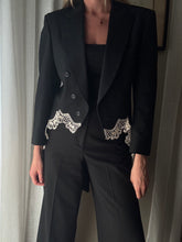 Load image into Gallery viewer, Vintage Upcycled Tuxedo Blazer Jacket with French Antique Lace Sourced from France
