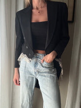 Load image into Gallery viewer, Vintage Upcycled Tuxedo Blazer Jacket with French Antique Lace Sourced from France
