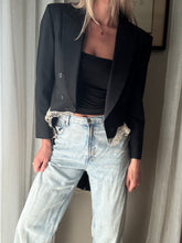 Load image into Gallery viewer, Vintage Upcycled Tuxedo Blazer Jacket with French Antique Lace Sourced from France
