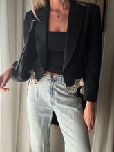Load image into Gallery viewer, Vintage Upcycled Tuxedo Blazer Jacket with French Antique Lace Sourced from France
