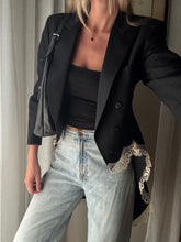 Load image into Gallery viewer, Vintage Upcycled Tuxedo Blazer Jacket with French Antique Lace Sourced from France
