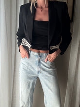 Load image into Gallery viewer, Vintage Upcycled Black Cropped Blazer with French Vintage Lace Sourced from France
