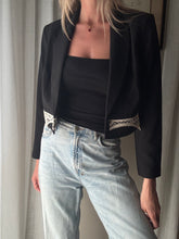 Load image into Gallery viewer, Vintage Upcycled Black Cropped Blazer with French Vintage Lace Sourced from France
