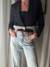 Load image into Gallery viewer, Vintage Upcycled Black Cropped Blazer with French Vintage Lace Sourced from France
