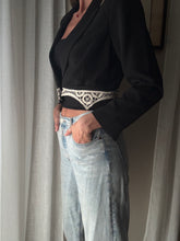 Load image into Gallery viewer, Vintage Upcycled Black Cropped Blazer with French Vintage Lace Sourced from France
