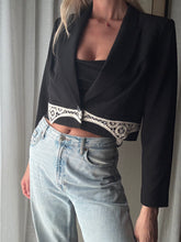 Load image into Gallery viewer, Vintage Upcycled Black Cropped Blazer with French Vintage Lace Sourced from France
