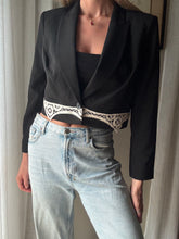 Load image into Gallery viewer, Vintage Upcycled Black Cropped Blazer with French Vintage Lace Sourced from France
