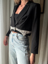 Load image into Gallery viewer, Vintage Upcycled Black Cropped Blazer with French Vintage Lace Sourced from France
