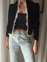 Load image into Gallery viewer, Vintage French Lace Upcycled Black Velvet Jacket with Gold Braided Trim Detail
