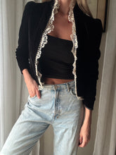 Load image into Gallery viewer, Vintage French Lace Upcycled Black Velvet Jacket with Gold Braided Trim Detail
