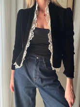 Load image into Gallery viewer, Vintage French Lace Upcycled Black Velvet Jacket with Gold Braided Trim Detail
