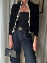 Load image into Gallery viewer, Vintage French Lace Upcycled Black Velvet Jacket with Gold Braided Trim Detail
