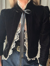 Load image into Gallery viewer, Vintage French Lace Upcycled Black Velvet Jacket with Gold Braided Trim Detail
