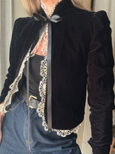 Load image into Gallery viewer, Vintage French Lace Upcycled Black Velvet Jacket with Gold Braided Trim Detail
