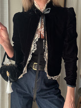 Load image into Gallery viewer, Vintage Upcyled Black Velvet Handbag with French Brooch Sourced from France Black Gold Tassel Fringe
