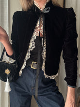Load image into Gallery viewer, Vintage French Lace Upcycled Black Velvet Jacket with Gold Braided Trim Detail

