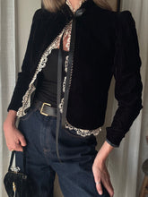 Load image into Gallery viewer, Vintage French Lace Upcycled Black Velvet Jacket with Gold Braided Trim Detail
