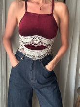 Load image into Gallery viewer, Vintage Upcycled Burgundy Maroon Velvet Square Neck Halter Tie Top Handmade
