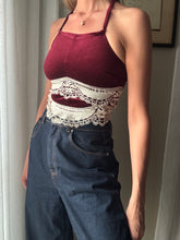 Load image into Gallery viewer, Vintage Upcycled Burgundy Maroon Velvet Square Neck Halter Tie Top Handmade
