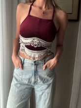 Load image into Gallery viewer, Vintage Upcycled Burgundy Maroon Velvet Square Neck Halter Tie Top Handmade
