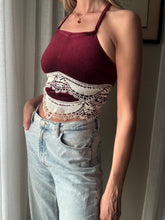 Load image into Gallery viewer, Vintage Upcycled Burgundy Maroon Velvet Square Neck Halter Tie Top Handmade
