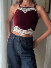 Load image into Gallery viewer, Vintage Upcycled Burgundy Maroon Velvet Square Neck Halter Tie Top Handmade
