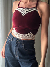 Load image into Gallery viewer, Vintage Upcycled Burgundy Maroon Velvet Square Neck Halter Tie Top Handmade
