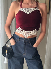 Load image into Gallery viewer, Vintage Upcycled Burgundy Maroon Velvet Square Neck Halter Tie Top Handmade
