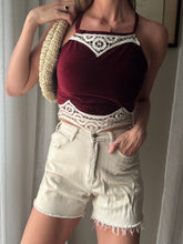 Load image into Gallery viewer, Vintage Upcycled Burgundy Maroon Velvet Square Neck Halter Tie Top Handmade
