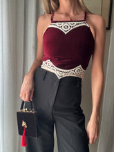 Load image into Gallery viewer, Vintage Black Velvet Handbag with French Horse Brooch Sourced from France Black Gold Tassel Fringe
