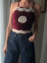 Load image into Gallery viewer, Vintage Upcycled Burgundy Maroon Velvet Square Neck Halter Tie Top Handmade
