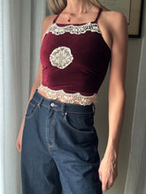 Load image into Gallery viewer, Vintage Upcycled Burgundy Maroon Velvet Square Neck Halter Tie Top Handmade
