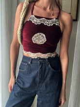 Load image into Gallery viewer, Vintage Upcycled Burgundy Maroon Velvet Square Neck Halter Tie Top Handmade

