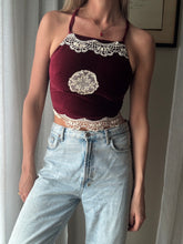 Load image into Gallery viewer, Vintage Upcycled Burgundy Maroon Velvet Square Neck Halter Tie Top Handmade
