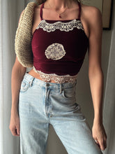 Load image into Gallery viewer, Vintage Upcycled Burgundy Maroon Velvet Square Neck Halter Tie Top Handmade
