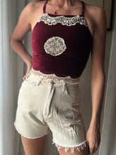 Load image into Gallery viewer, Vintage Upcycled Burgundy Maroon Velvet Square Neck Halter Tie Top Handmade
