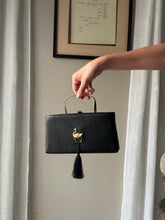Load image into Gallery viewer, Vintage Black Handbag with French Gold Swan Brooch Sourced from France Black Gold Tassel Fringe
