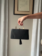 Load image into Gallery viewer, Vintage Black Handbag with French Gold Swan Brooch Sourced from France Black Gold Tassel Fringe
