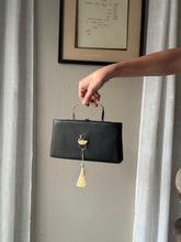 Load image into Gallery viewer, Vintage Black Handbag with French Gold Swan Brooch Sourced from France Black Gold Tassel Fringe
