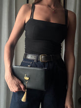 Load image into Gallery viewer, Vintage Black Handbag with French Gold Swan Brooch Sourced from France Black Gold Tassel Fringe
