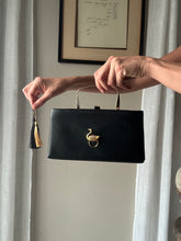 Load image into Gallery viewer, Vintage Black Handbag with French Gold Swan Brooch Sourced from France Black Gold Tassel Fringe
