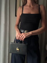 Load image into Gallery viewer, Vintage Black Handbag with French Gold Swan Brooch Sourced from France Black Gold Tassel Fringe
