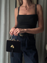 Load image into Gallery viewer, Vintage Black Velvet Handbag with French Horse Brooch Sourced from France Black Gold Tassel Fringe
