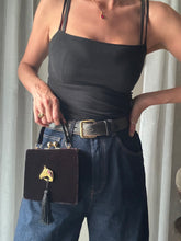 Load image into Gallery viewer, Vintage Black Velvet Handbag with French Horse Brooch Sourced from France Black Gold Tassel Fringe

