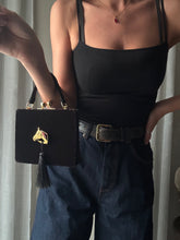 Load image into Gallery viewer, Vintage Black Velvet Handbag with French Horse Brooch Sourced from France Black Gold Tassel Fringe
