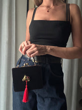 Load image into Gallery viewer, Vintage Black Velvet Handbag with French Horse Brooch Sourced from France Black Gold Tassel Fringe
